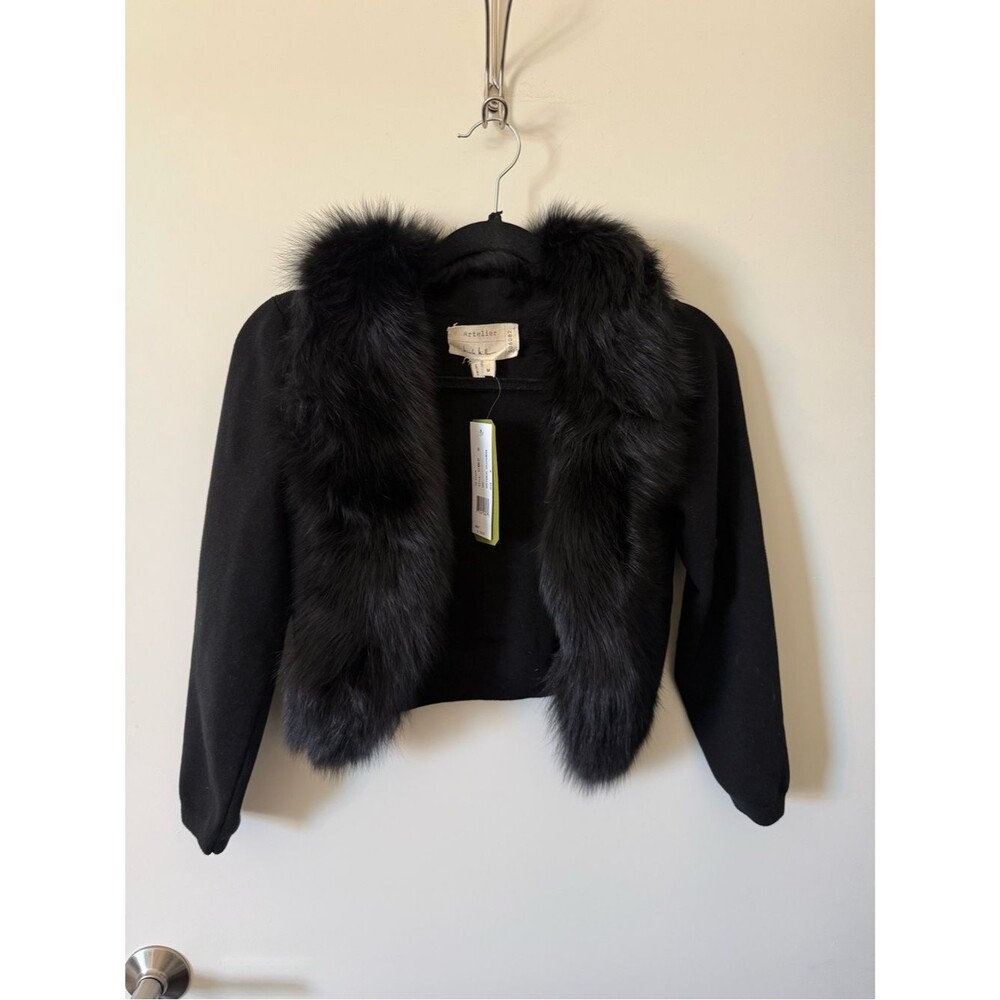 NWT Artelier Nicole Miller Black Faux Fur Trim Jacket